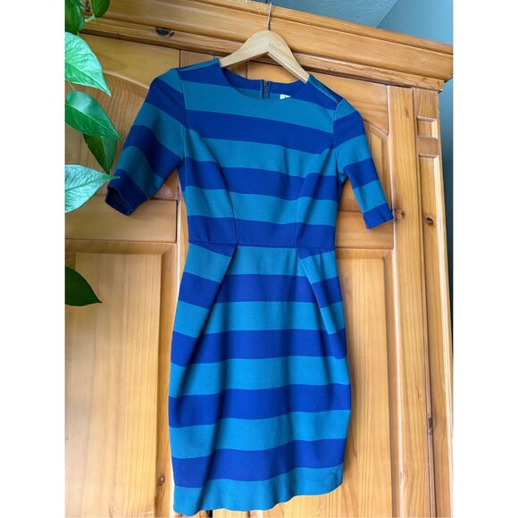 Fossil Blue Rugby Striped Short Sleeve Sheath Dress Crew Neck Back Zip SZ XS - Picture 3 of 12